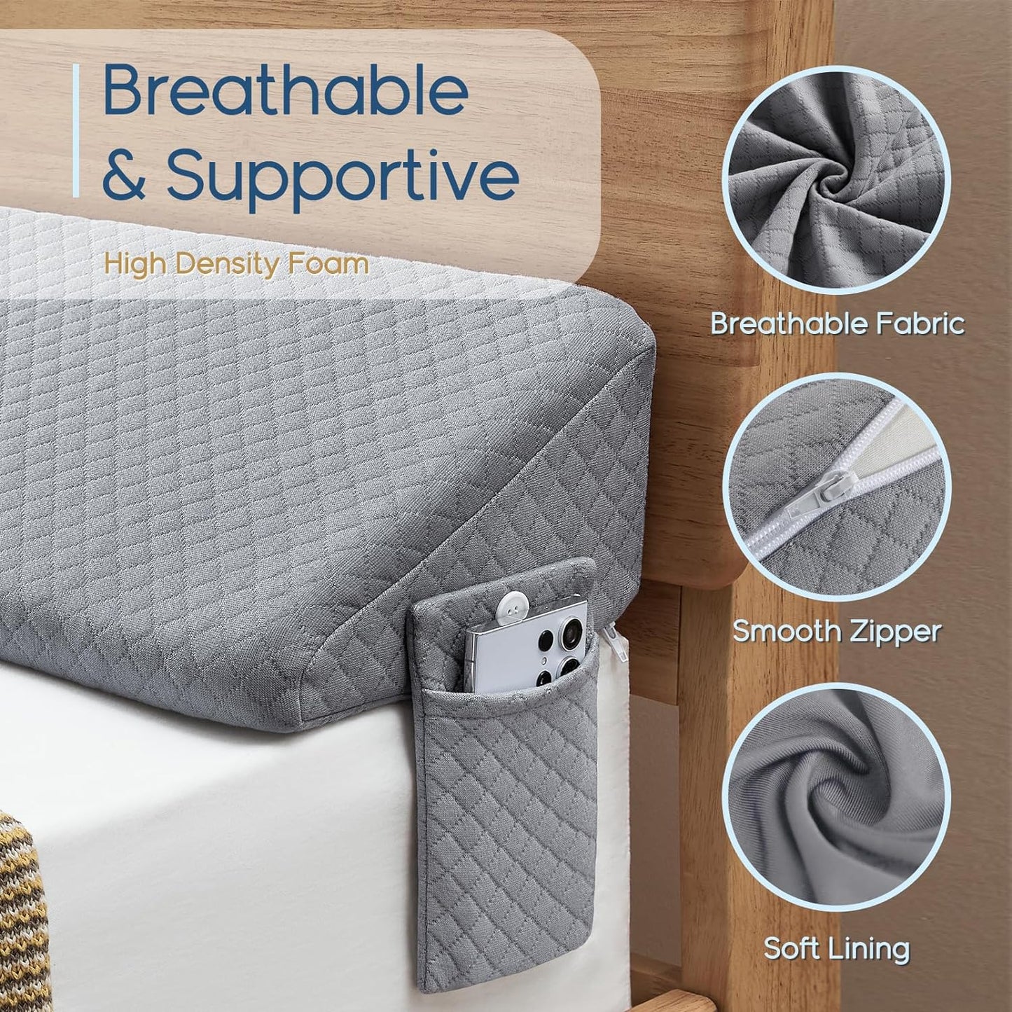 King Size(76"X10"X6") Bed Wedge Pillow for Headboard - Upgraded Bed Gap Filler King between Mattress and Headboard - Wedge Headboard Pillow - Grey