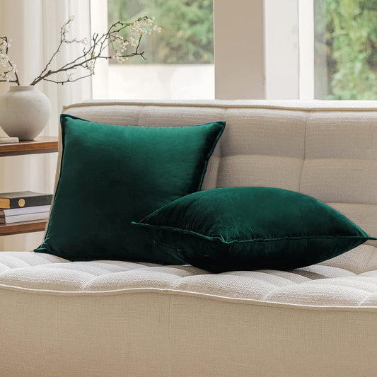 Velvet Emerald Green Throw Pillow Covers 18X18 Inches Pack of 2 Soft Decorative Square Cushion Covers for Couch Sofa Bed Livingroom Car,45X45Cm,Deep Dark Green