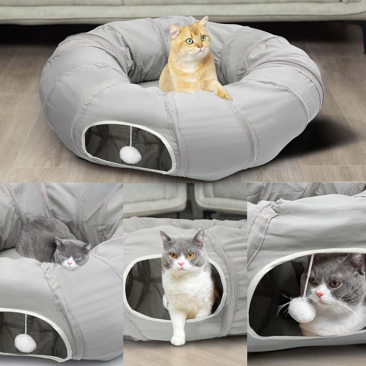 Cat Play Tunnel - round Cat Tunnel with Bed | Interactive Cat Toys for Indoor Cats Kitten Kitty Puppy Rabbit Ferret (Light Grey)