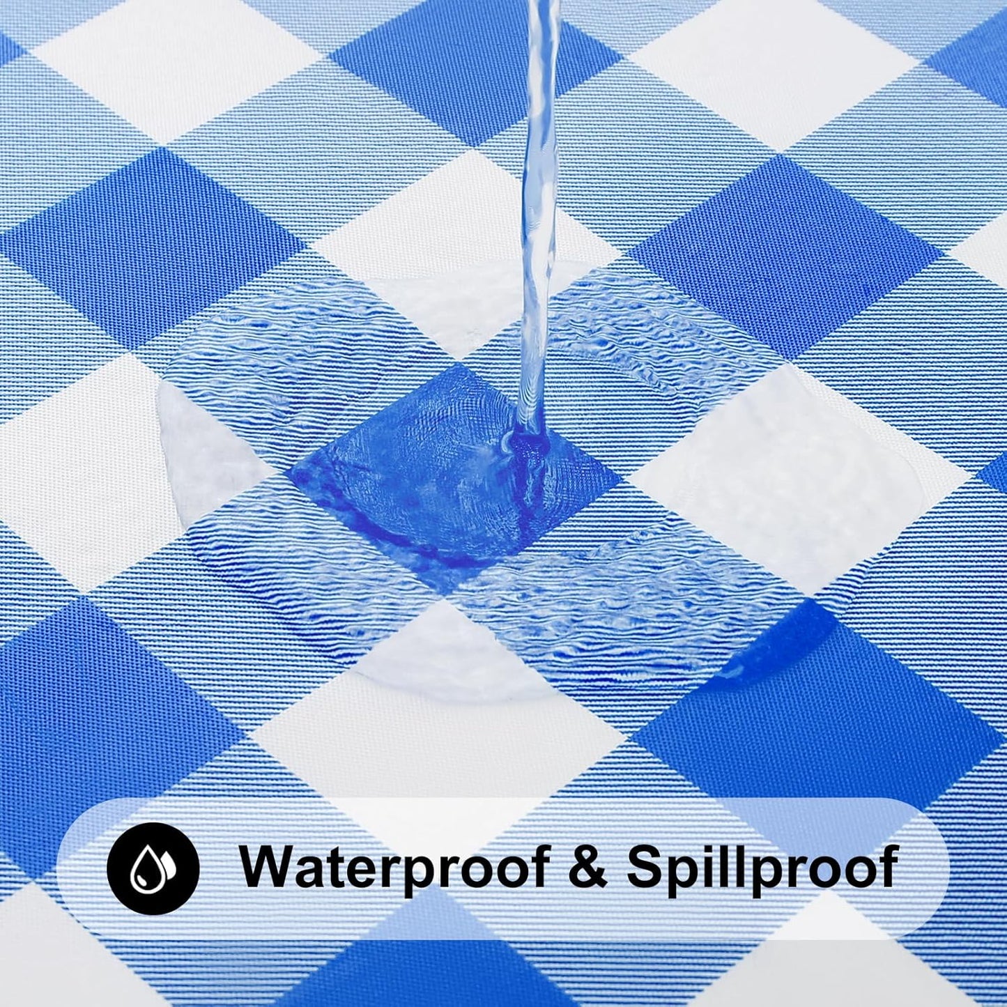 round Picnic Tablecloth, Elastic Waterproof Fitted Vinyl Tablecloths for 36"-44" Tables, Flannel Backed Buffalo Plaid Table Cover for Dining, Camping, Outdoor, White and Blue