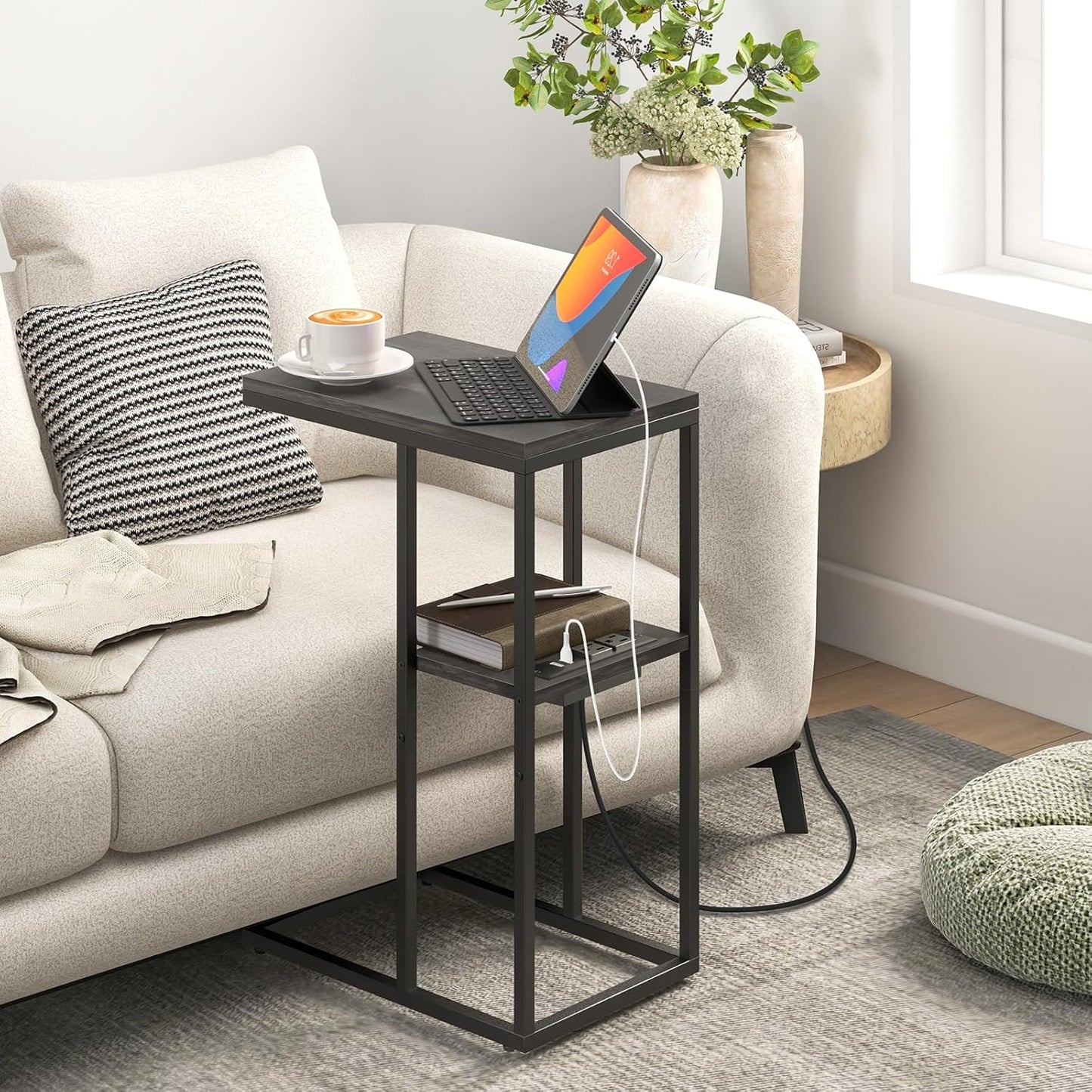 C Shaped End Table with Charging Station for Living Room, Bedroom, Sofa Table with USB Ports and Outlets for Small Spaces, C Couch Rustic Snack Bed Table, Charcoal Gray