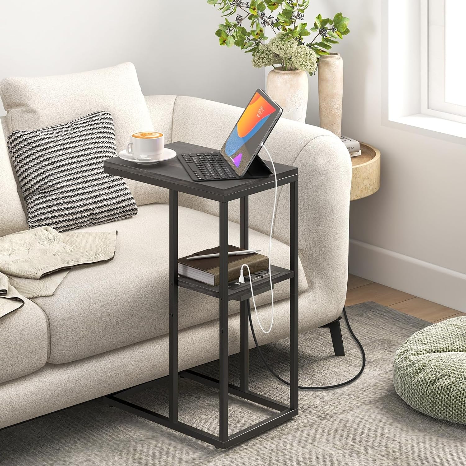 C Shaped End Table with Charging Station for Living Room, Bedroom, Sofa Table with USB Ports and Outlets for Small Spaces, C Couch Rustic Snack Bed Table, Charcoal Gray