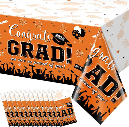 12Pack Graduation Tablecloth Party Decorations, Class of 2025 Congrats Grad Plastic Tablecover Party Supplies, Orange Rectangle Graduation Table Decorations for College High School Party, 54 X 108Inch