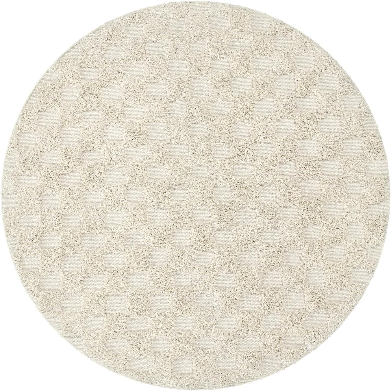 Checkered Boho round Rug 3Ft, Small Beige Circle Bathroom Nursery Rug Cotton Indoor Bath Door Mat with Tufted, Farmhouse Checkerboard Washable Cream Carpet for Dorm Entryway Room Decor