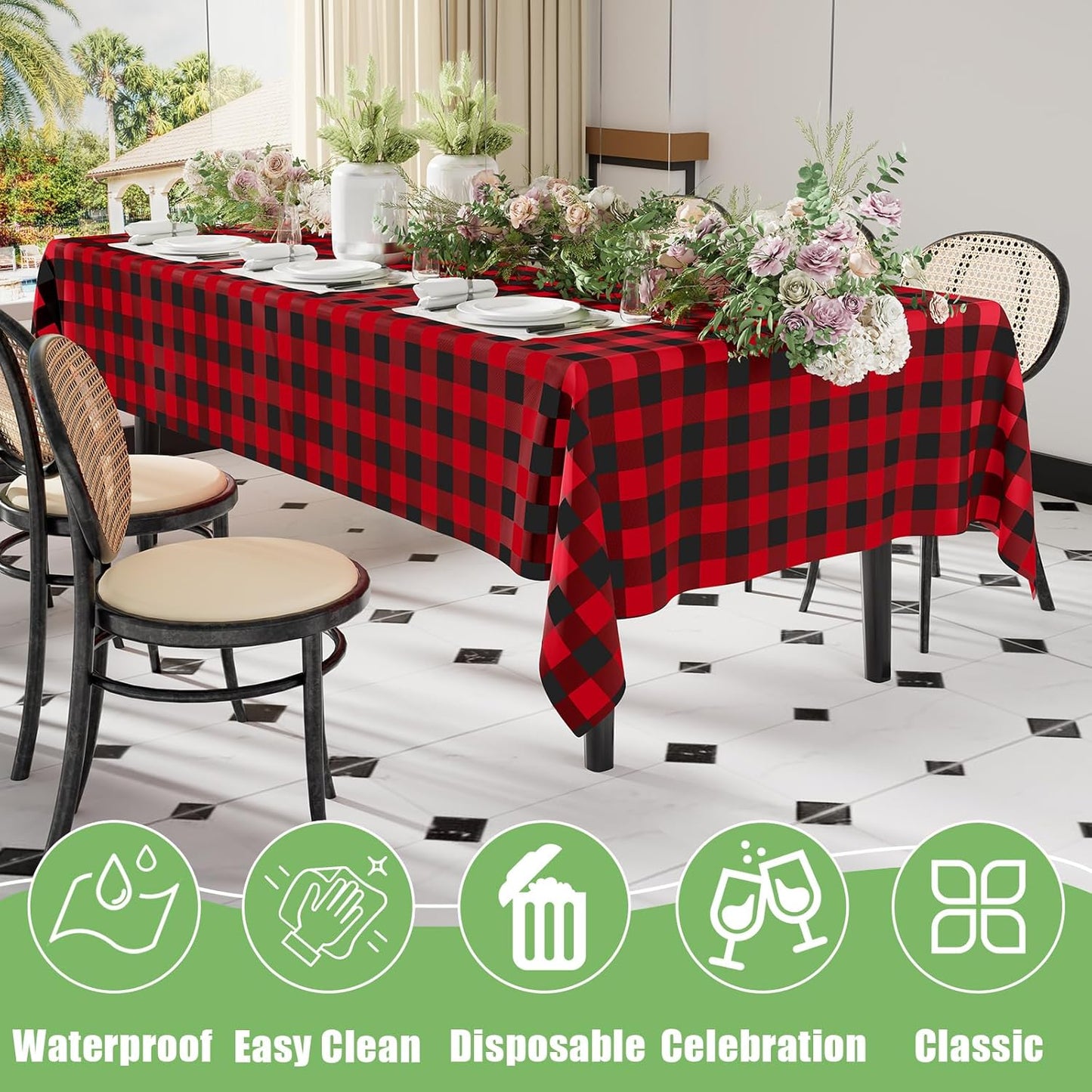 3 Packs Gingham Disposable Table Cloth, 54 X 108 Inch Waterproof Plastic Tablecloth, Rectangle Black and Red Checkered Table Covers for Picnic, Birthday, Party