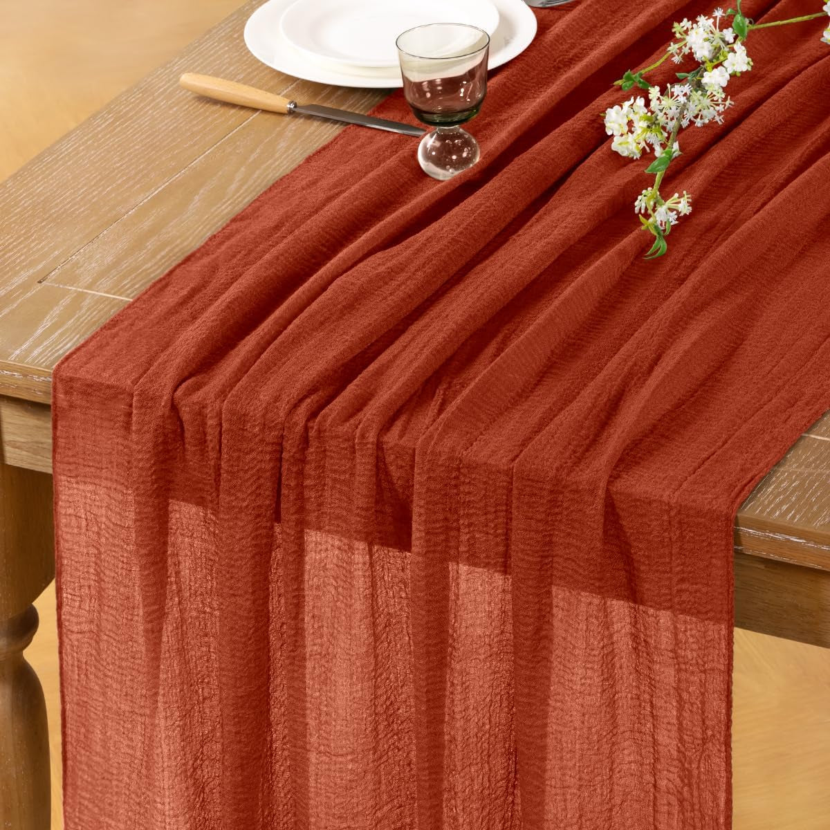 Terracotta Cheesecloth Table Runner Burnt Orange Fall Table Runner 120 Inches Boho Gauze Rust Cheese Cloths for Rustic Wedding Bridal Baby Shower Party Thanksgiving Table Centerpiece