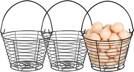 Set of 3 Black 8-Inch Round Wire Egg Baskets with Handle for Collecting Fresh Chicken and Duck Eggs, Ideal Countertop Storage Solution