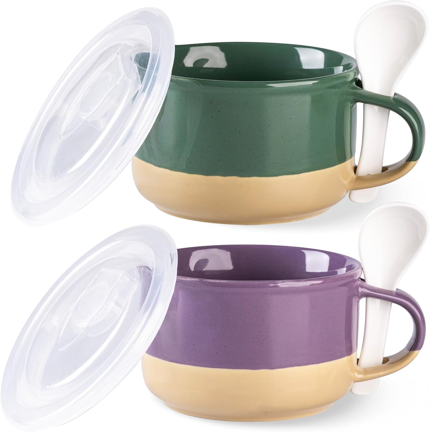 Ceramic Soup Mugs with Handles and Lids, 24 oz Set of 2 with Terracotta Underside, Versatile Mug Bowls with Spoon for Soup, Cereal, Salad, Noodles, and Ramen - Microwave and Dishwasher Safe in Green and Purple