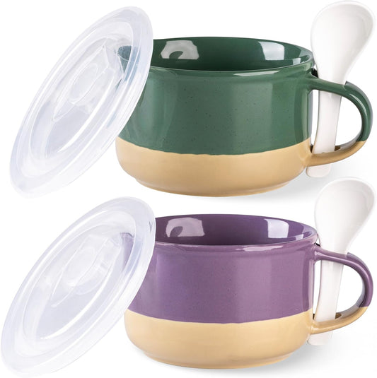 Ceramic Soup Mugs with Handles and Lids, 24 oz Set of 2 with Terracotta Underside, Versatile Mug Bowls with Spoon for Soup, Cereal, Salad, Noodles, and Ramen - Microwave and Dishwasher Safe in Green and Purple