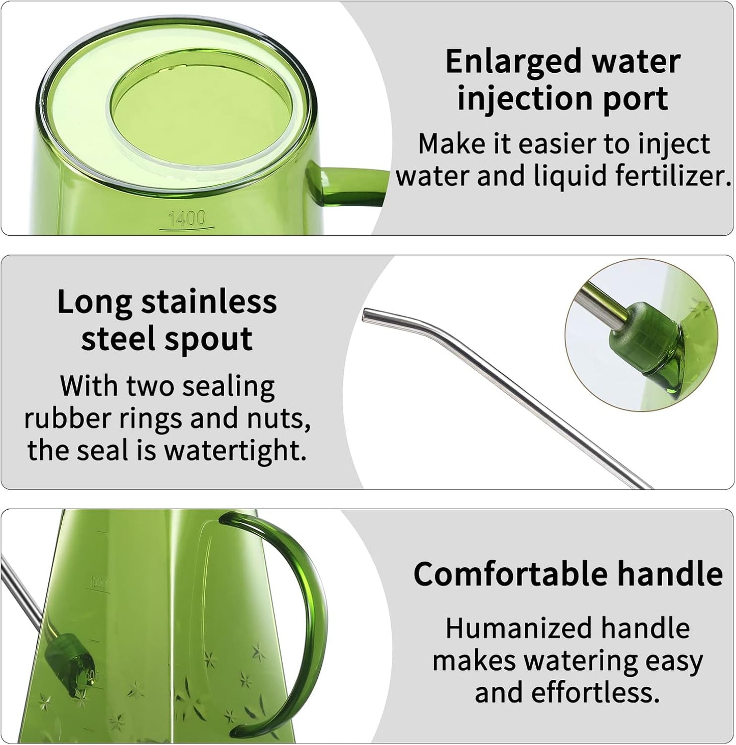 Indoor Plants Watering Can - Long Spout 47 Oz with Bonus 16 Oz Spray Bottle & 8.5 Oz Squeeze Bottle, Green