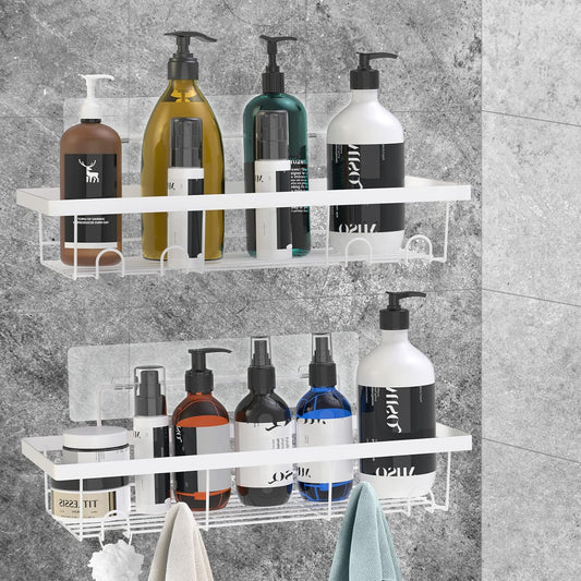 2 Pack Adhesive White Shower Caddy Organizer with Hooks, Rustproof No Drilling Wall Mounted Storage Shelf Rack for inside Shower/Bathroom/Kitchen