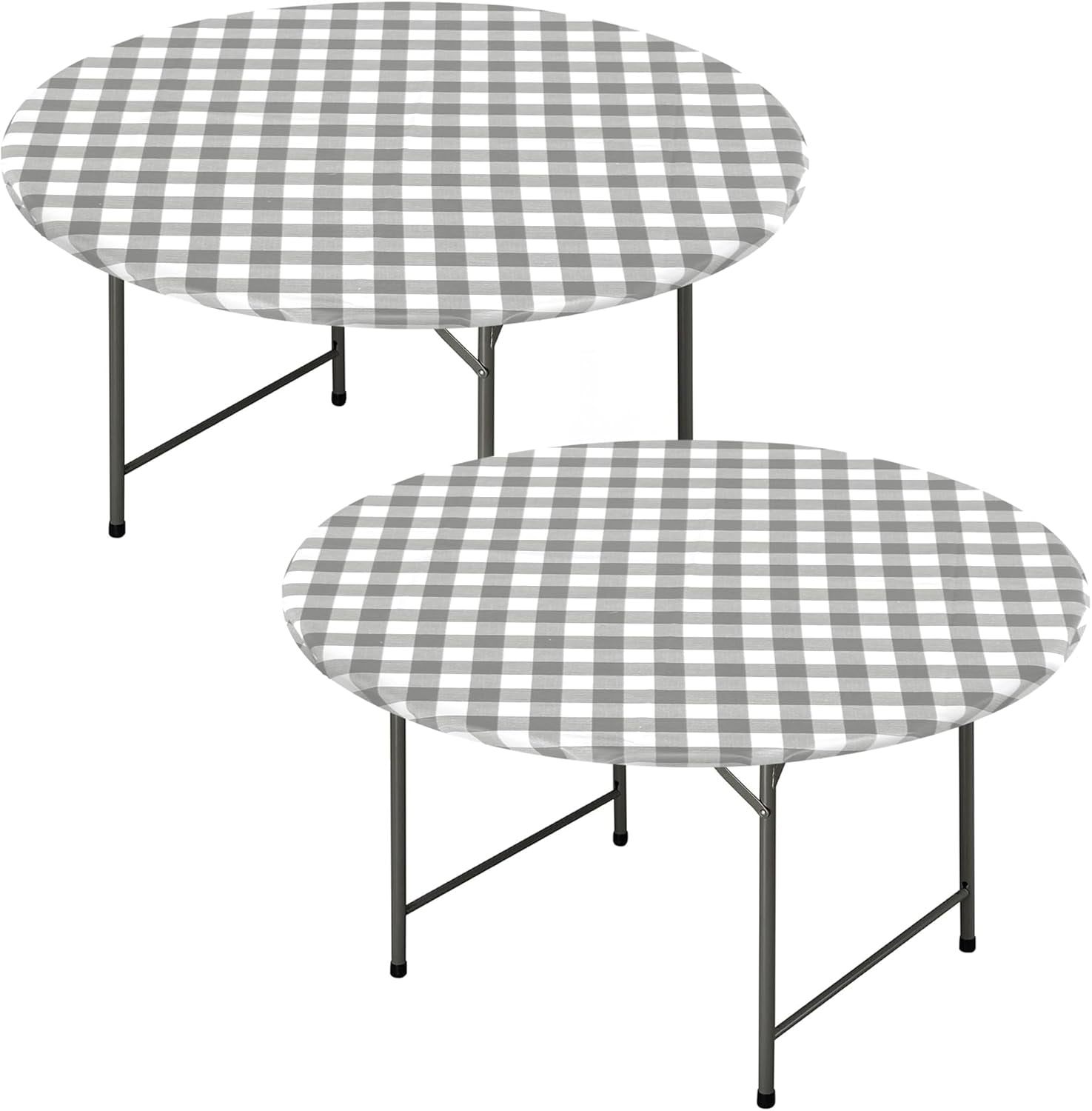 Round Vinyl Fitted Table Cover Set - 2 Pack Waterproof Checkered Elastic Edged Tablecloths with Flannel Backing for Picnics and Parties, Silver/White (Suitable for 45"-56" Round Tables)