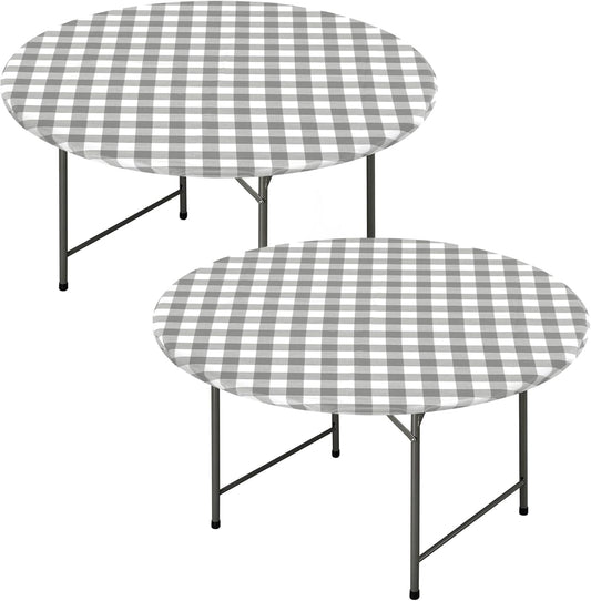 Round Vinyl Fitted Table Cover Set - 2 Pack Waterproof Checkered Elastic Edged Tablecloths with Flannel Backing for Picnics and Parties, Silver/White (Suitable for 45"-56" Round Tables)