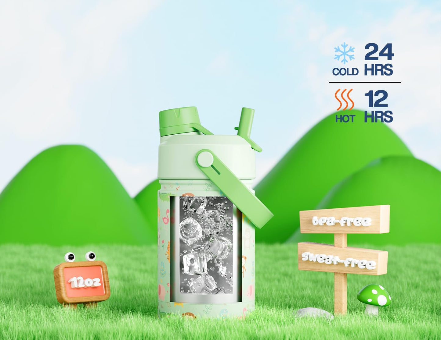 12 Oz Insulated Kids Water Bottle: Spill-Proof, Insulated Cup with Straw Spout Lid and Carrier Bag, Bpa-Free, Cupholder Friendly, 24H Cold for School, Camping, Sports, Birthday Gift (Critter Carnival)