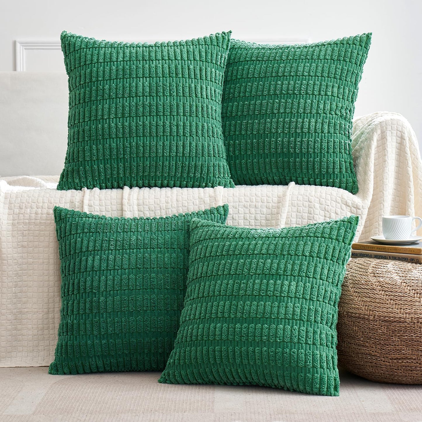 Pack of 4 Forest Green Corduroy Decorative Throw Pillow Covers 18X18 Inch Soft Boho Striped Pillow Covers Modern Farmhouse Home Decor for Sofa Living Room Couch Bed