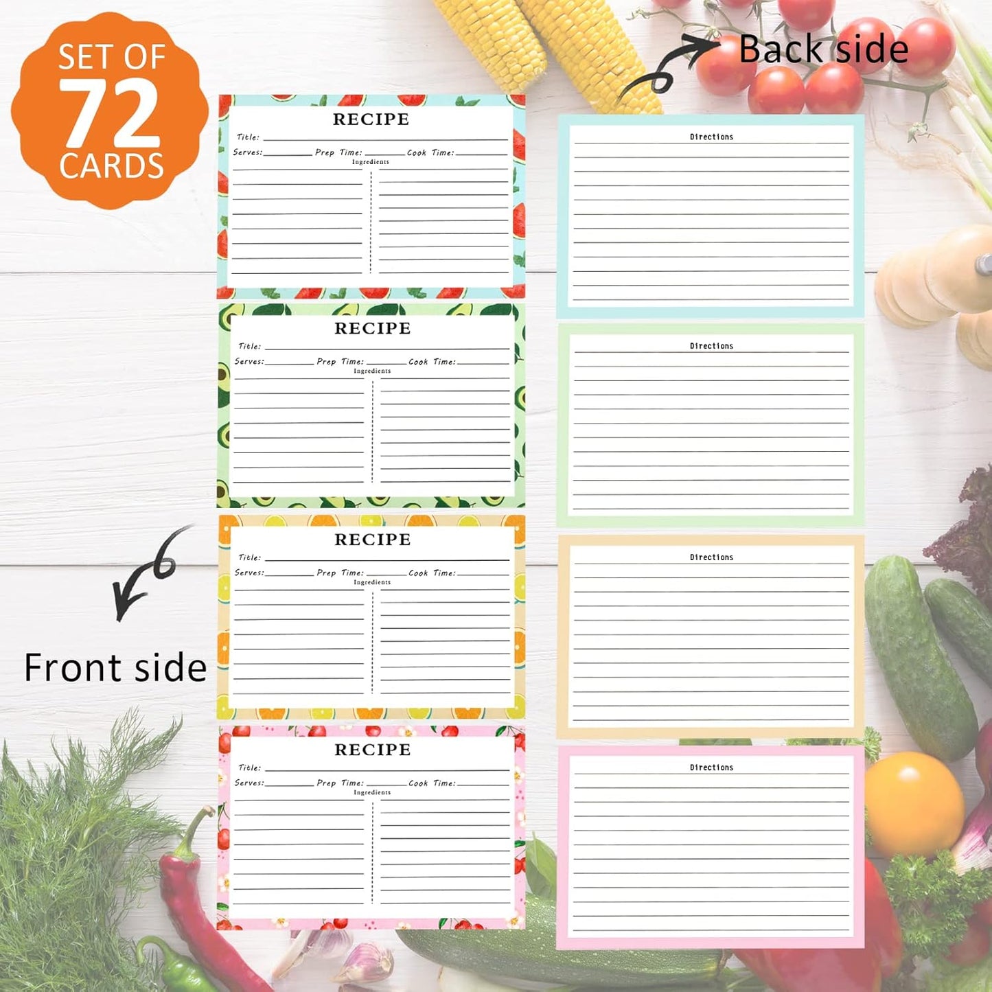 72 Blank Recipe Cards for Bridal Shower and Wedding - 4X6 Double Sided, 4 Fruit Design