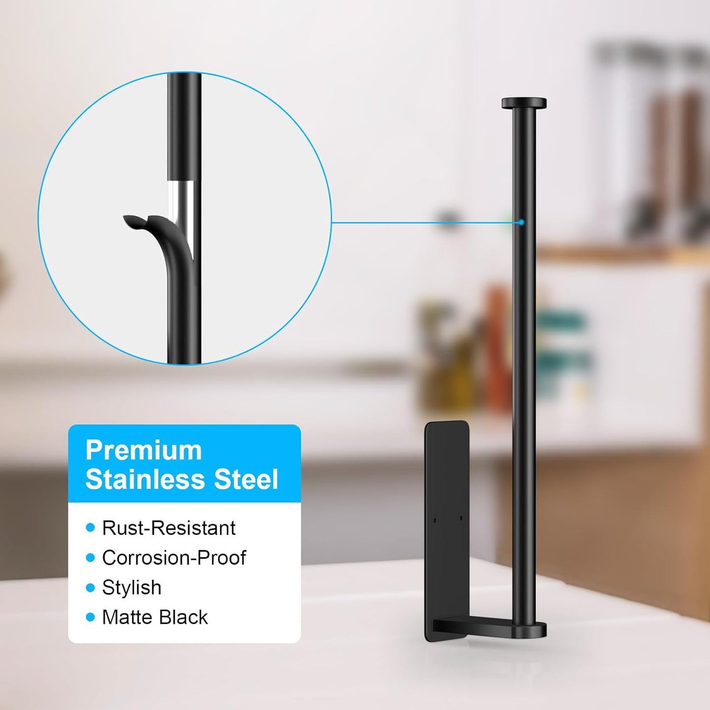 Black Paper Towel Holder under Cabinet, No Drilling under Counter Paper Towel Holder Wall Mount Towel Rack, Adhesive Toilet Paper Roll Holders for Kitchen Bathroom Fridge Pantry Garage RV Essentials