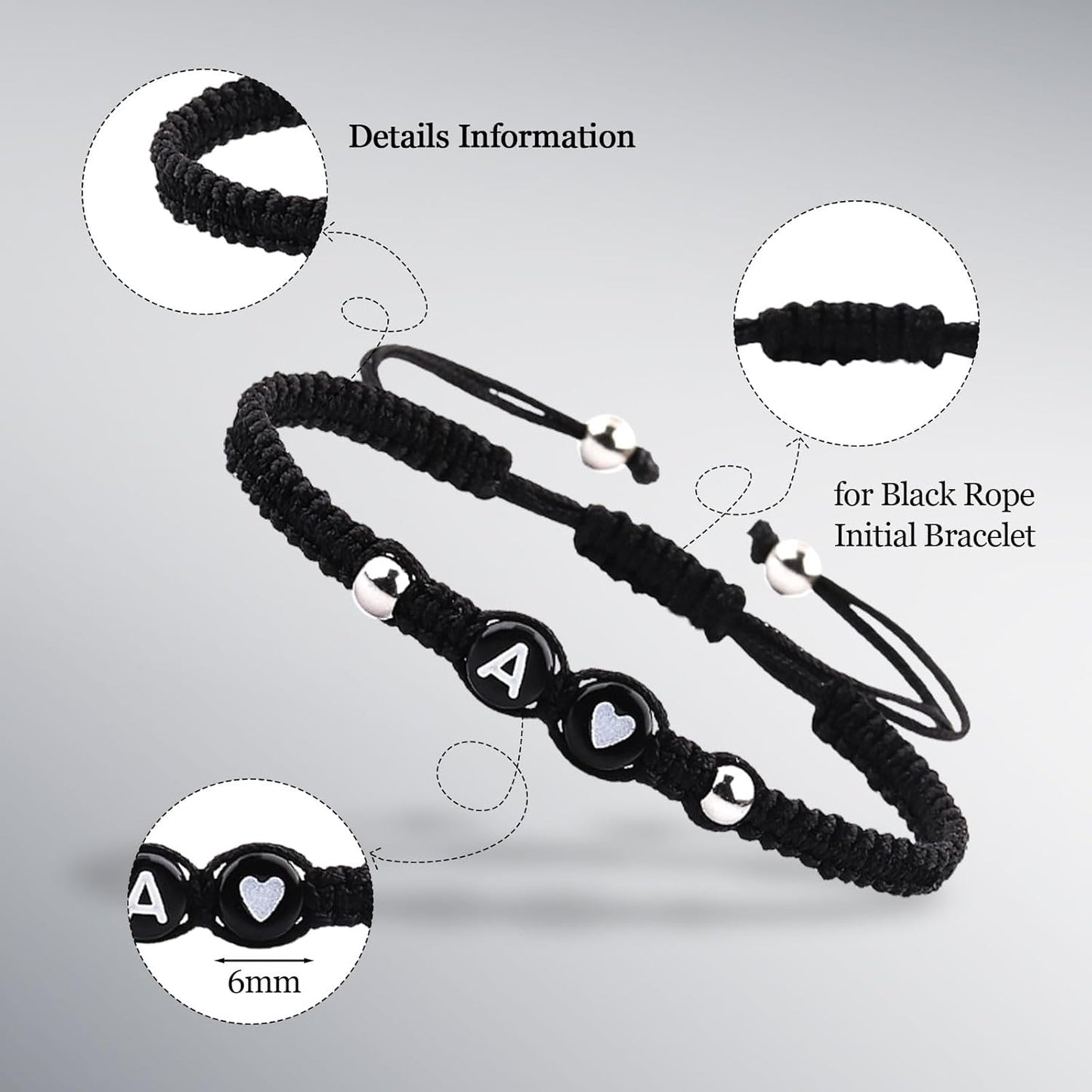 Black Rope Initial Bracelet for Men Women, 6Mm Beads 26 Letters A-Z Alphabet Handmade Adjustable Weaving Beadsbracelet for Couples Friends Mom Dad, Christmas Birthday Jewelry Gifts