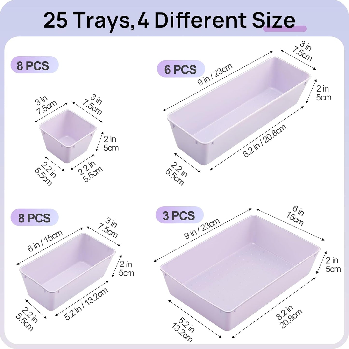 25 PCS Plastic Drawer Organizers Set, 4-Size Versatile Bathroom and Vanity Drawer Organizer Trays, Storage Bins for Makeup, Bedroom, Kitchen Gadgets Utensils and Office