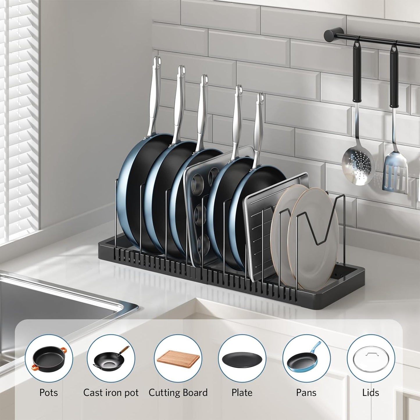 Pots and Pans Organizer Rack for Cabinet, Expandable Pot Lid Organizer Holder with 10 Adjustable Compartment, Kitchen Cabinet Organizer for Lids & Bakeware - Pantry & Countertop Storage Rack