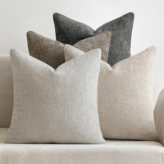Set of 4 18x18 Inch Neutral Chenille Throw Pillow Covers - Soft Decorative Cushion Covers for Farmhouse Boho and Mid-Century Modern Home Decor in Sofa, Bedroom, and Living Room