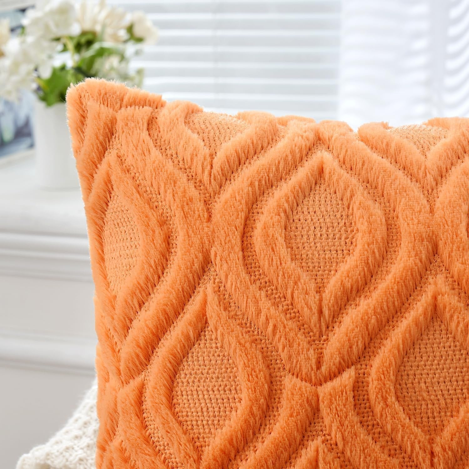 Bright Orange Fall Throw Pillow Covers, 18x18 Inch Soft Plush Faux Wool Set of 2, Decorative Farmhouse Boho Cushions for Sofa and Living Room Home Decor