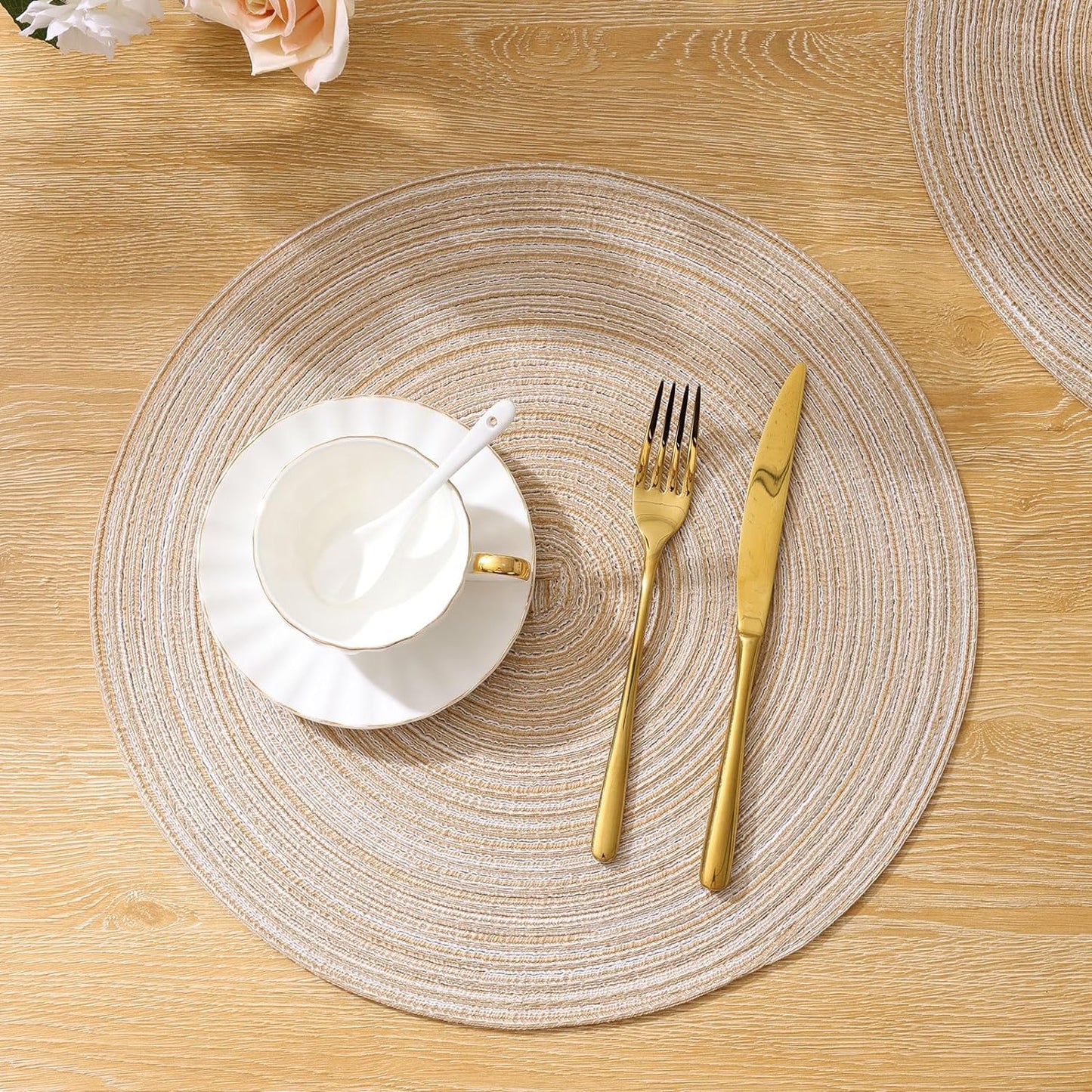 round Braided Placemats Set of 4 round Table Mats for Dining Tables 15 Inch Washable Kitchen Table Place Mats Indoor (Beige, 4)