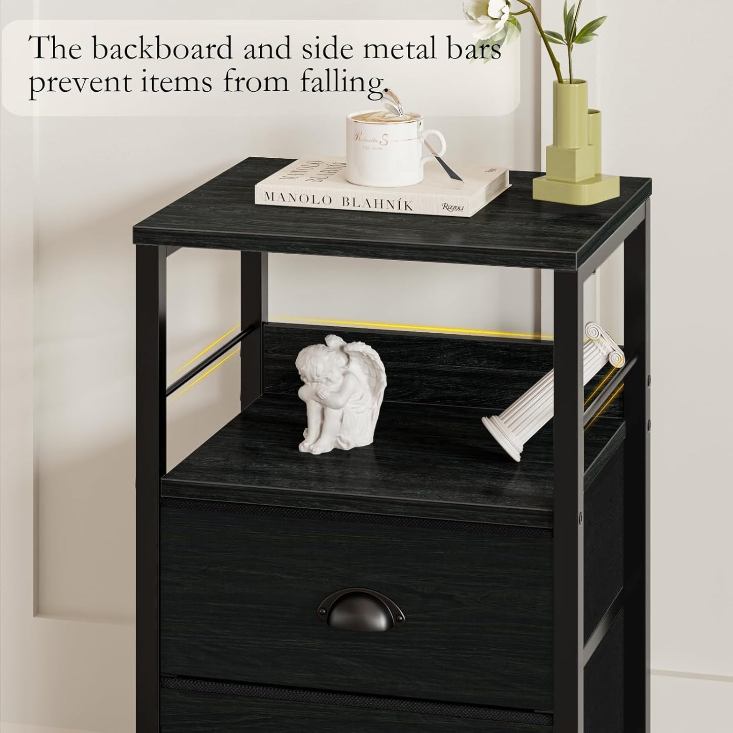 Nightstands Set 2, End Tables with 2 Fabric Drawers, Bedside Tables with Hooks and Shelf, Side Tables for Bedroom/Living Room/Study/Black Oak