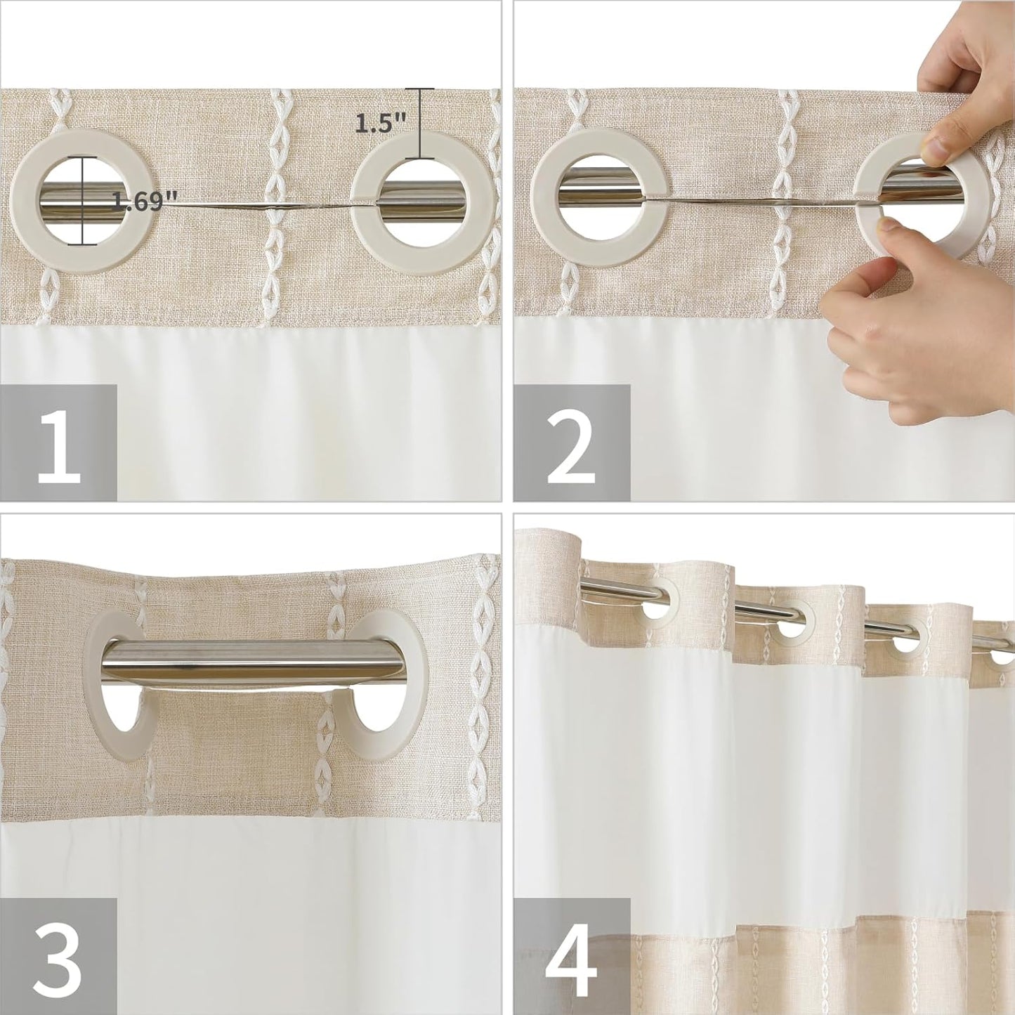 Boho Farmhouse No Hook Shower Curtain Set with Snap-In Fabric Liner,Heavy-Duty Linen Textured Rustic Striped Design,Water-Repellent with Tassels and Sheer Window,Cream/Beige,71X74