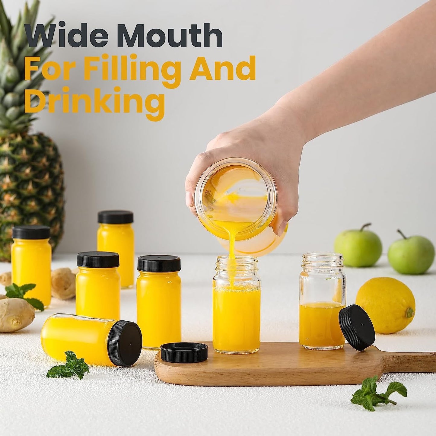 9 Pack, 2 Oz Glass Shot Bottles W/ Black Lids & 9 Labels - Small Clear Jar for Ginger, Wellness Shot, Juice, Sample, Whiskey - Travel Essentials Mini Bottles - Wide Mouth, Leakproof, Dishwasher Safe