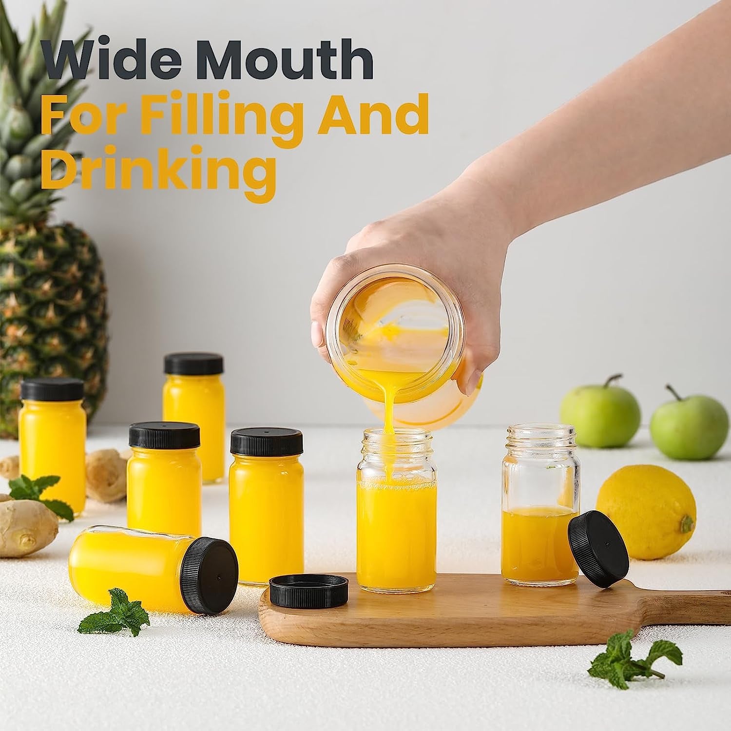 9 Pack, 2 Oz Glass Shot Bottles W/ Black Lids & 9 Labels - Small Clear Jar for Ginger, Wellness Shot, Juice, Sample, Whiskey - Travel Essentials Mini Bottles - Wide Mouth, Leakproof, Dishwasher Safe