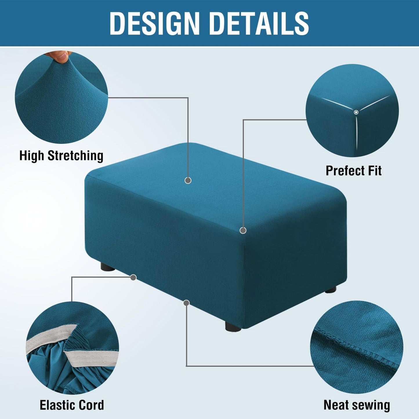 100% Waterproof Ottoman Cover Rectangle Stretch Velvet Ottoman Slipcovers for Living Room with Nonslip Elastic Bottom Furniture Protector Thick Soft Fleece Fabric (Large, Peacock Blue)
