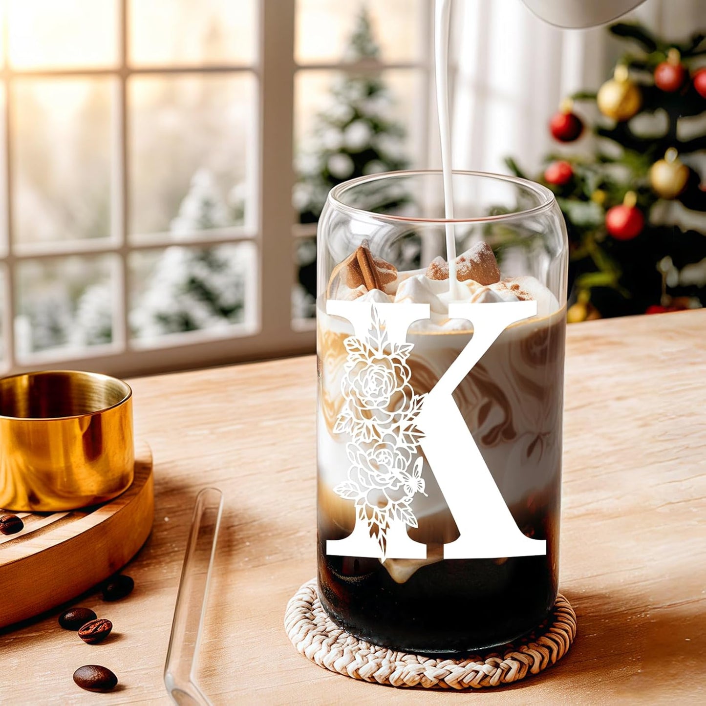 Gifts for Holidays,Birthday Gifts for Women,Personalized Initial Glass Cup as Iced Coffee Cups,Aesthetic Smoothie Cup Cute Beer Tumbler,16 Oz Glass Cups with Lids and Straws-K(1Psc)