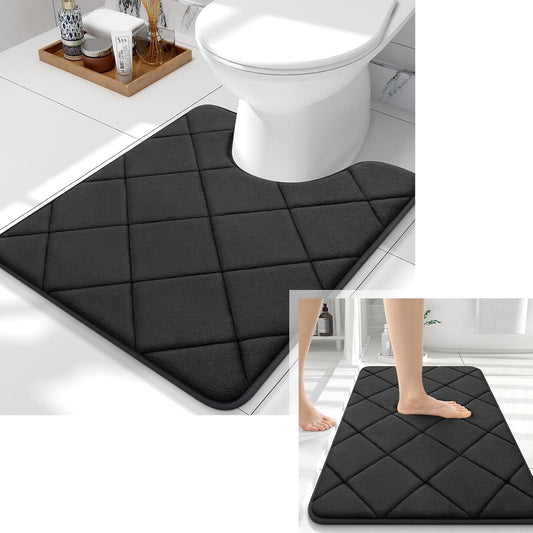 Memory Foam Bathroom Rugs and Toilet U-Shaped, Bath Rug Size 30X20 and U-Shaped Size 24X20 in Black, 2 Item Bundle