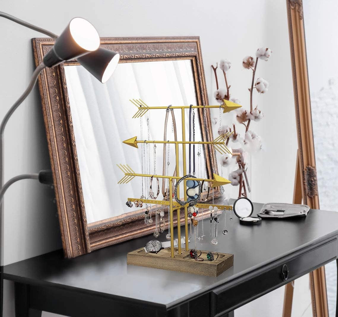 Arrow Jewelry Organizer Stand 4-Tier Gold Jewelry Stand Necklace Organizer with Wooden Ring Holder for Jewelry Display Bracelet Holder Stand Earring Organizer for Girls - Gold