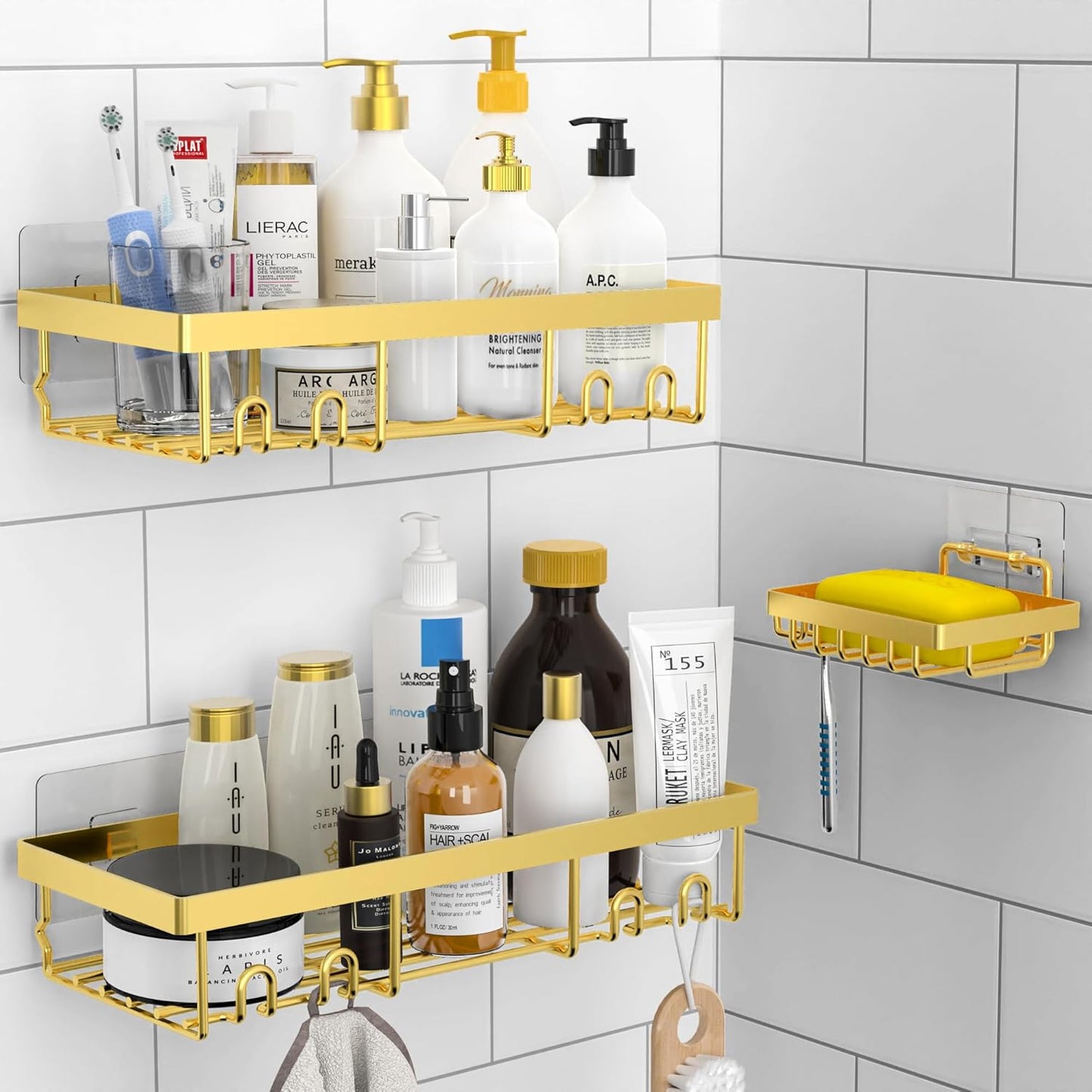 3-Pack Shower Caddy Basket Shelf with Soap Holder, No Drilling Traceless Adhesive Shower Wall Shelves, Rustproof Gold Bathroom Shower Storage Organizer