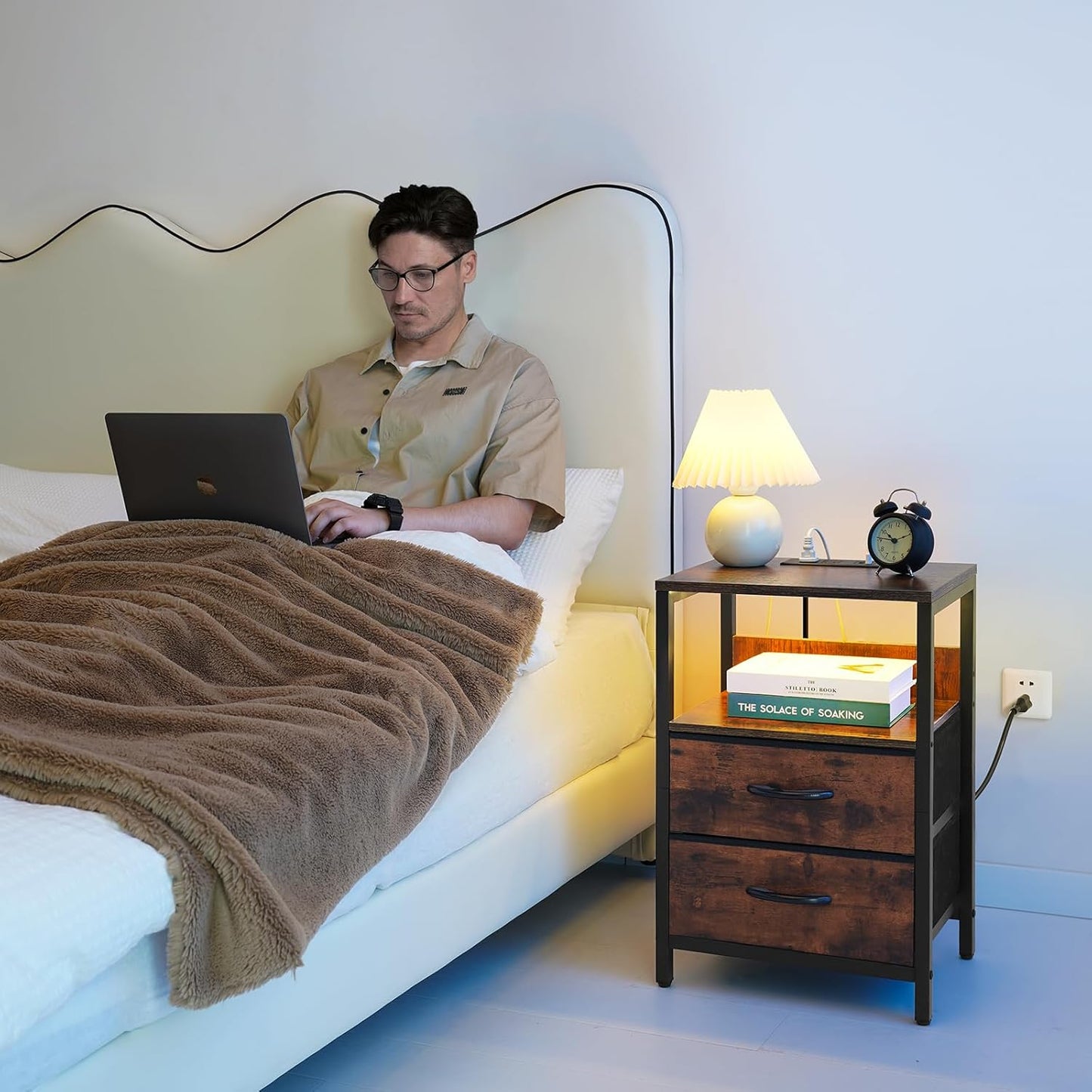 Nightstand with Charging Station, LED Night Stand with Fabric Drawers and Storage Shelf for Bedroom, Nightstands Bedside Tables with USB Ports & Outlets, Small Night Stands, Bed Side Table