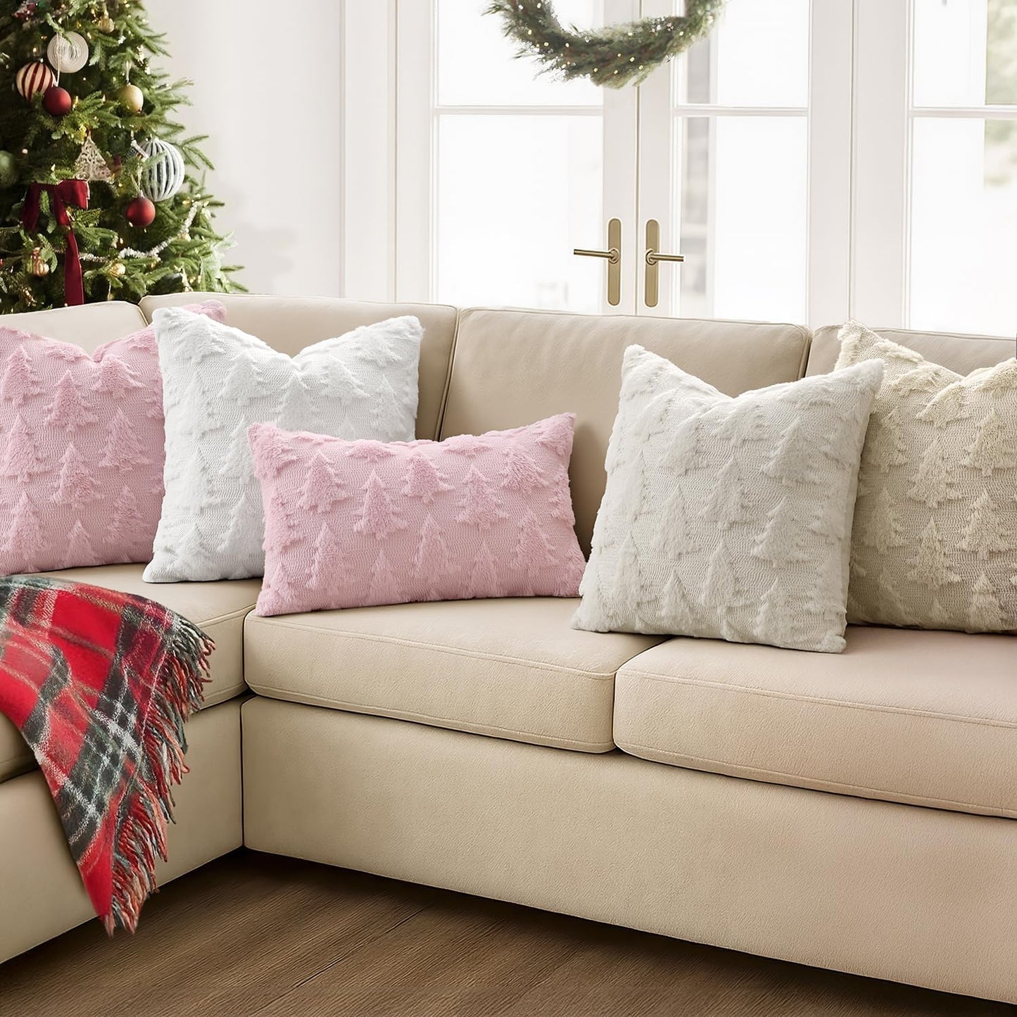 Christmas Throw Pillow Covers Pink Christmas Decorations Set of 2 Xmas Tree 18X18 Pillow Covers Soft Plush Faux Wool Pillowcases Holiday Festivals Winter Home Decor Sofa Couch Bed Porch