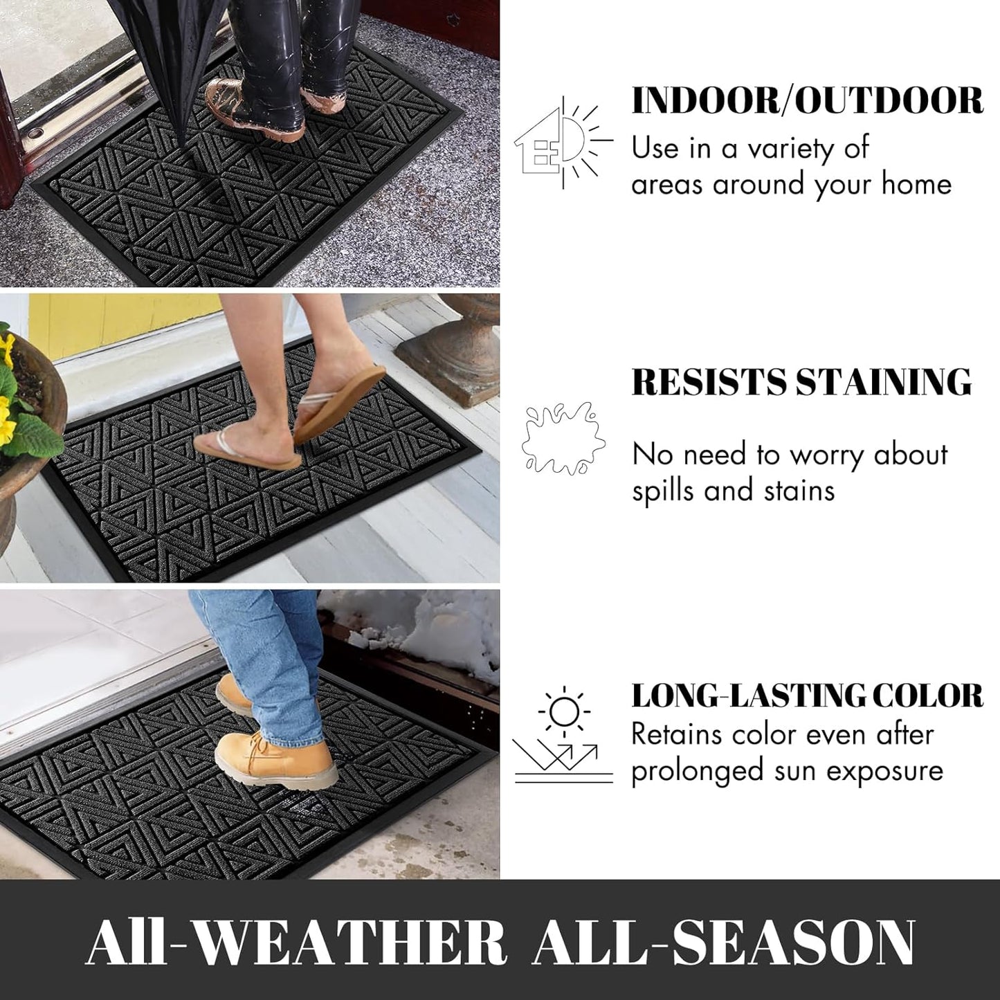 Outdoor Mats for Front Door, Waterproof All-Weather Door Mat outside Entrance, Heavy Duty Non-Slip Welcome Mat, Garage and Patio Indoor Entryway Doormat, Easy Clean, Black