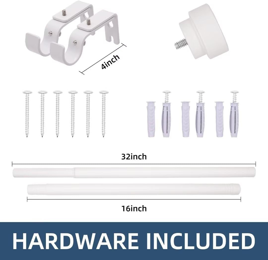 White 32 to 48 Inch Curtain Rods for Windows - Adjustable Curtain Rods for Windows, 1 Inch Diameter Heavy Duty Decorative Window Single Rod with Aluminium Finials