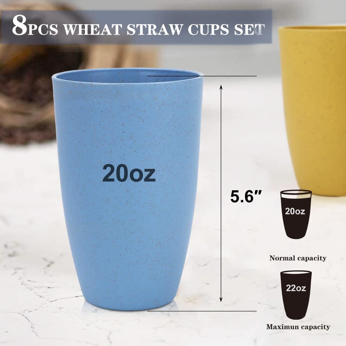 Wheat Straw Reusable Drinking Cups Set of 8 - Unbreakable, Dishwasher Safe, 20 OZ Water Glasses in 4 Colors