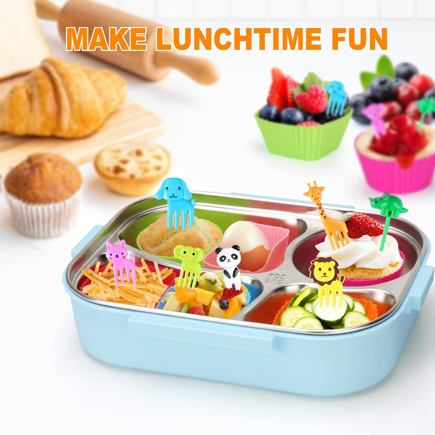 70 Pcs Silicone Lunch Box Dividers Set, Thicked Silicone Cupcake Liners for Baking, Reusable Lunch Bento Box Accessories with Animal Food Picks for Kids (20 Cupcake Cup + 50 Picks)