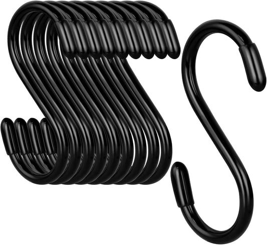 3-Inch Vinyl Coated S Hooks - 10 Pack Heavy Duty Non-Slip S Hooks for Hanging Plants, Jewelry, Pots, Pans, Towels, and More - Small Rubber Coated Steel Design in Black