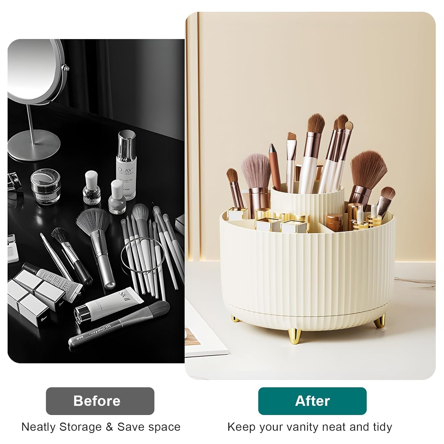 Makeup Brush Holder Organizer,360° Rotating Makeup Brush Organizer,5 Slot Make up Brushes Cup for Cosmetics, Nail Polish, Art Supply, Bathroom Vanity Desktop Organizer - Cream