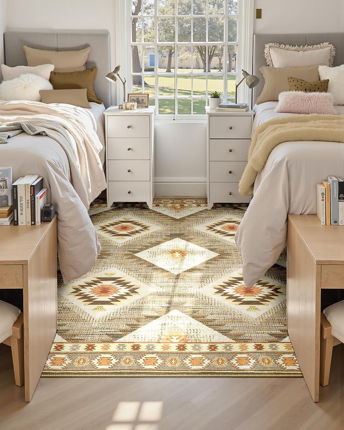 Area Rug 5X7 Rug Machine Washable Non-Slip Low Pile Print Pattern Western Rug for Living Room Bedroom Entryway Tribal Series -Cream/Camel