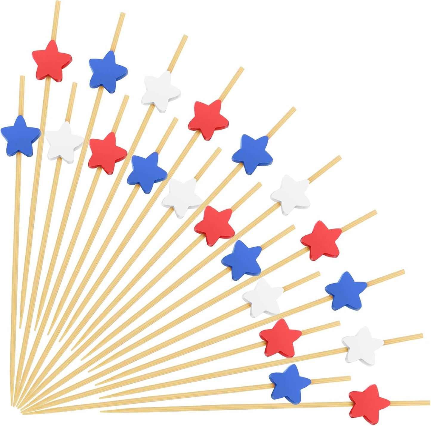 100PCS 4Th of July Cocktail Picks, Red White Blue Star Bamboo Toothpicks for Appetizers, 4.7 in Charcuterie Skewers Sticks for Fourth of July Party Supplies Independence Day Patriotic Decorations