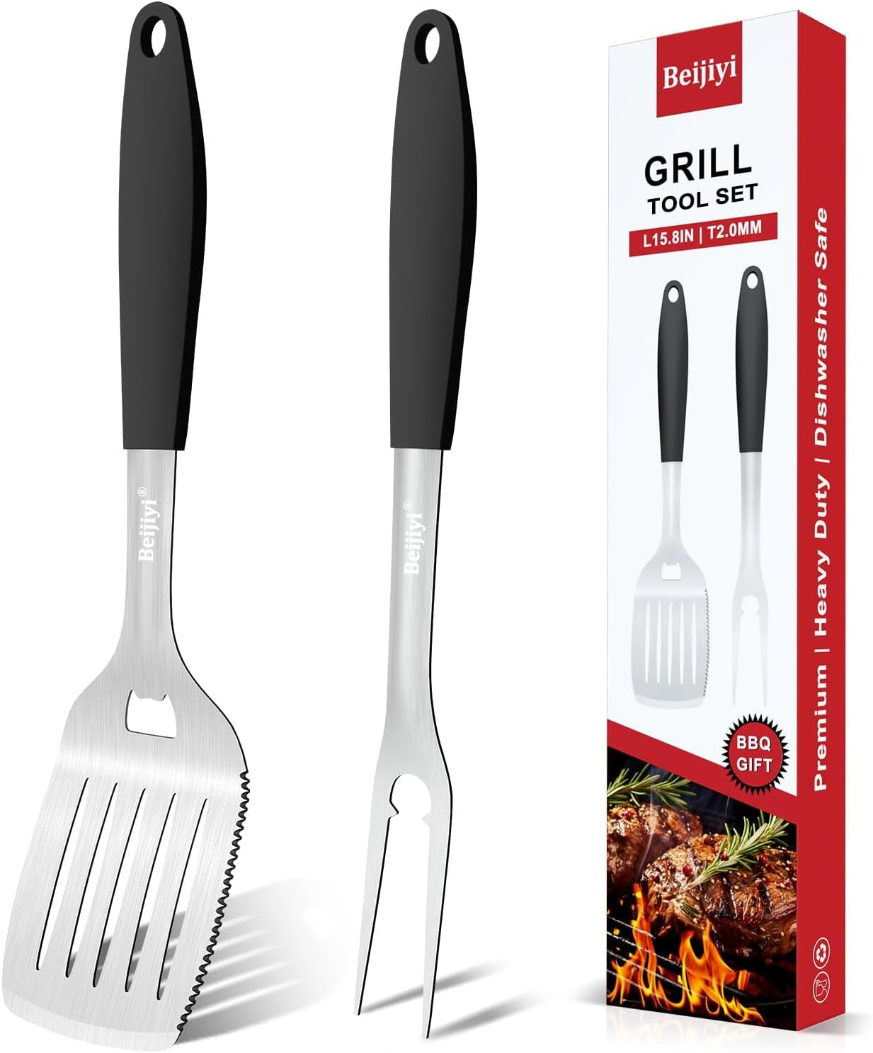 2-Piece Heavy Duty BBQ Grill Tools Set, Professional Stainless Steel Grilling Spatula & Fork with Full Tang Silicone Handle, Outdoor Grill Accessories for Barbecue Cooking