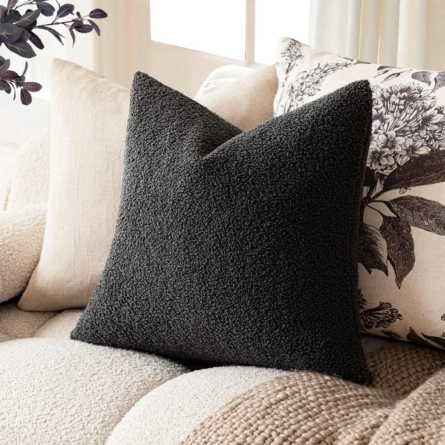 Pack of 2, Curly Faux Fur Decorative Throw Pillow Covers Soft Neutral Plush Cushion Case with Zipper Cozy Pillowcase for Home Living Room Couch Bed Sofa 16 X 16 Inch,Dark Gray