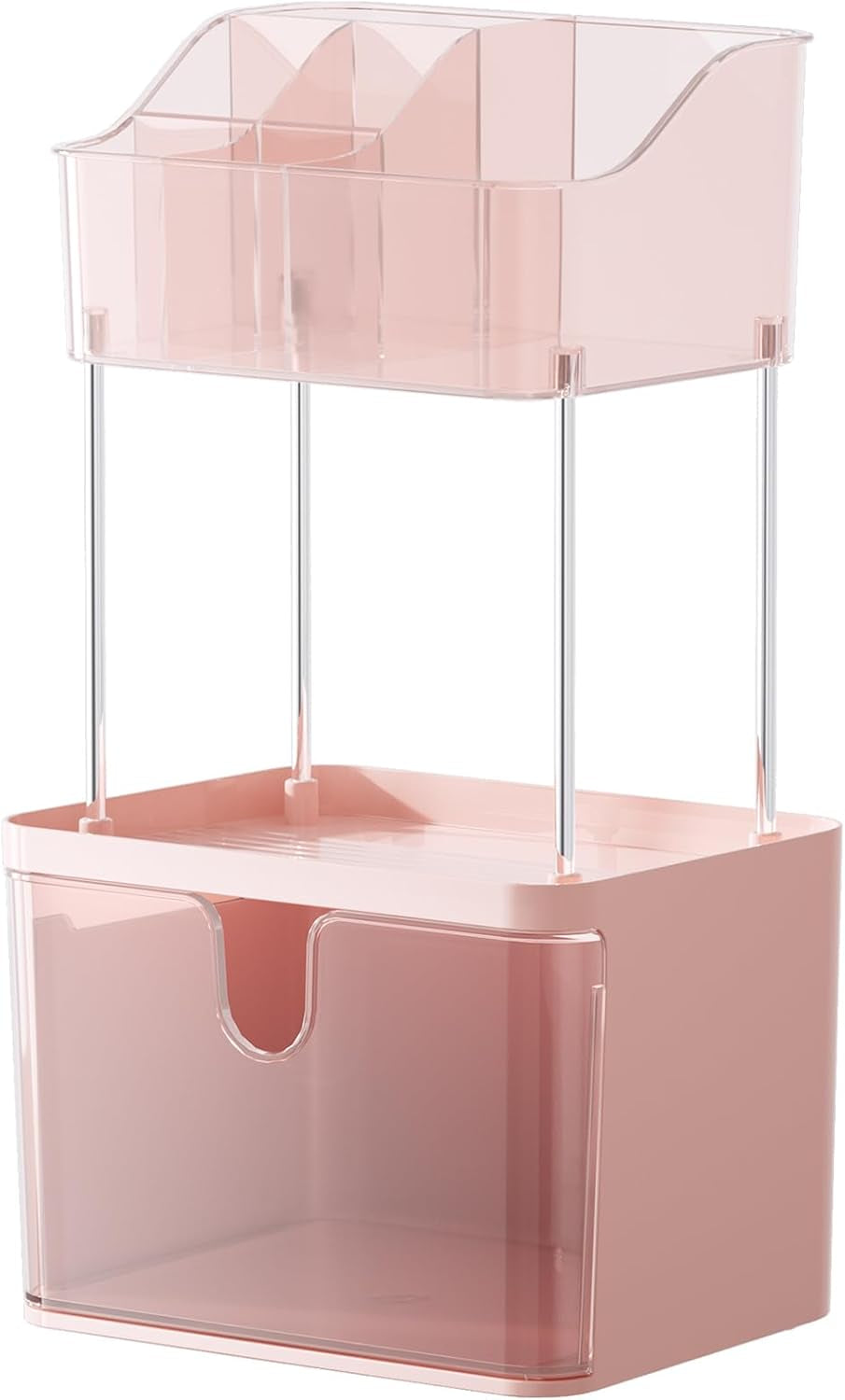 Makeup Organizer Countertop, 3-Tier Vanity Organizer with Large Drawers and Top 6-Grid Section, Suitable for Bathroom Counter, Dresser, Storage for Cosmetics, Skincare, Perfume, Lipstick, Pink