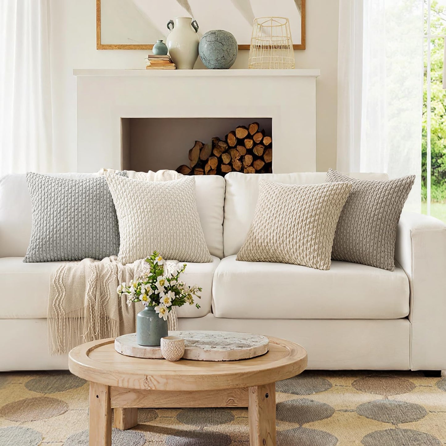 Throw Pillow Covers Soft Couch Decorative Set of 4 Boho Striped Cushion Corduroy Pillowcases Farmhouse Rustic Mid Modern Home Decor for Couch Bed Sofa Living Room 18X18 Inch Neutral Harmony